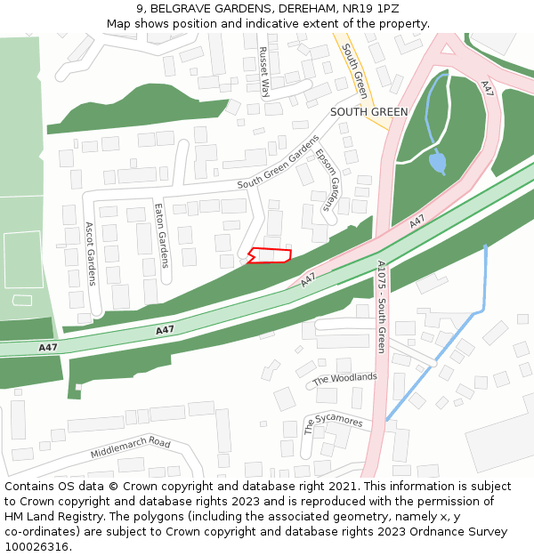 9, BELGRAVE GARDENS, DEREHAM, NR19 1PZ: Location map and indicative extent of plot