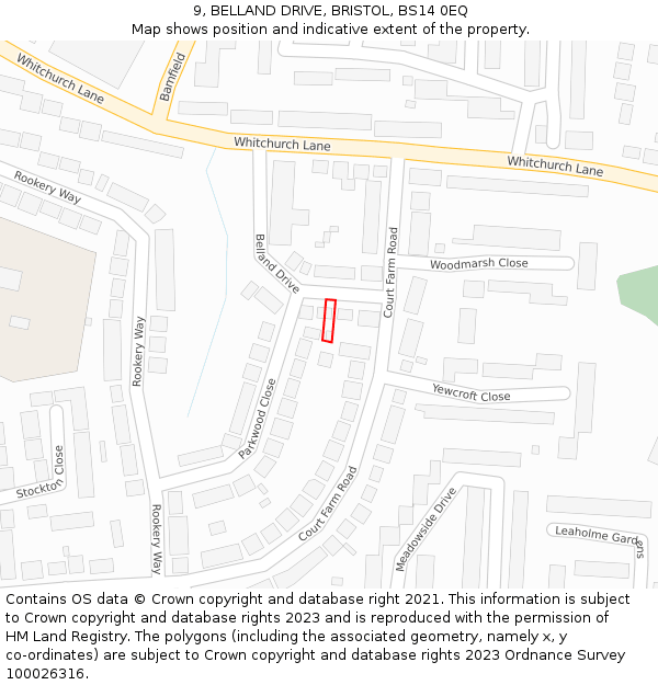 9, BELLAND DRIVE, BRISTOL, BS14 0EQ: Location map and indicative extent of plot