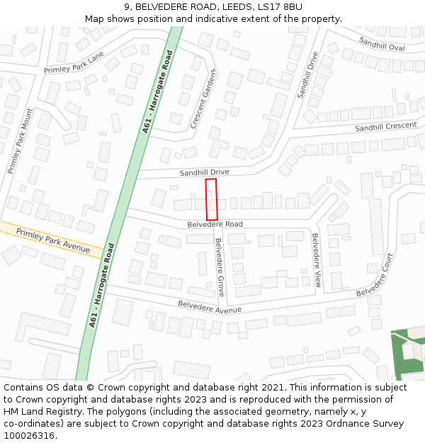 9, BELVEDERE ROAD, LEEDS, LS17 8BU: Location map and indicative extent of plot