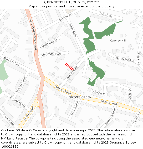 9, BENNETTS HILL, DUDLEY, DY2 7EN: Location map and indicative extent of plot