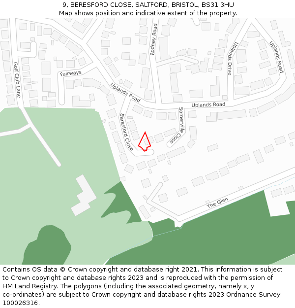 9, BERESFORD CLOSE, SALTFORD, BRISTOL, BS31 3HU: Location map and indicative extent of plot
