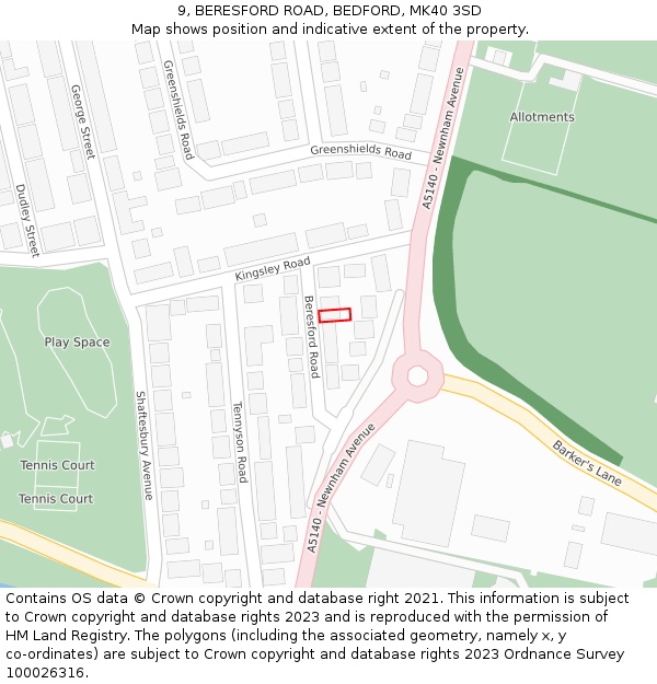 9, BERESFORD ROAD, BEDFORD, MK40 3SD: Location map and indicative extent of plot