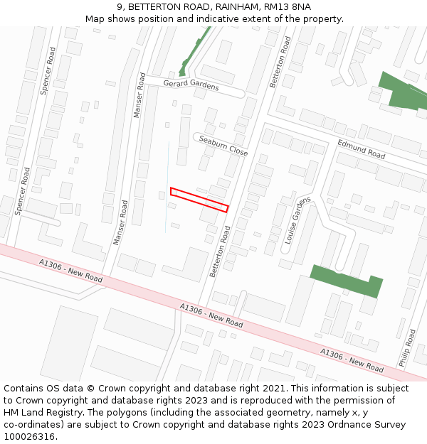 9, BETTERTON ROAD, RAINHAM, RM13 8NA: Location map and indicative extent of plot