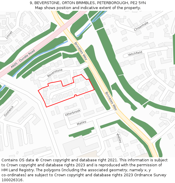 9, BEVERSTONE, ORTON BRIMBLES, PETERBOROUGH, PE2 5YN: Location map and indicative extent of plot