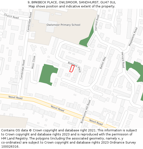 9, BIRKBECK PLACE, OWLSMOOR, SANDHURST, GU47 0UL: Location map and indicative extent of plot