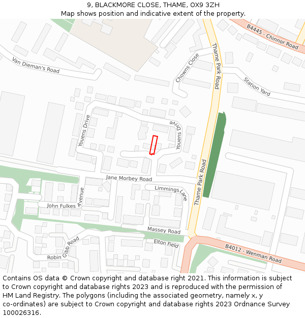 9, BLACKMORE CLOSE, THAME, OX9 3ZH: Location map and indicative extent of plot
