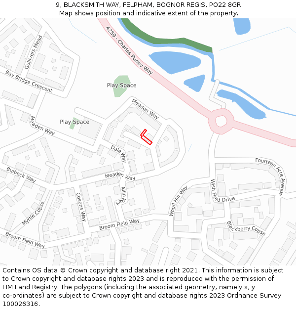 9, BLACKSMITH WAY, FELPHAM, BOGNOR REGIS, PO22 8GR: Location map and indicative extent of plot