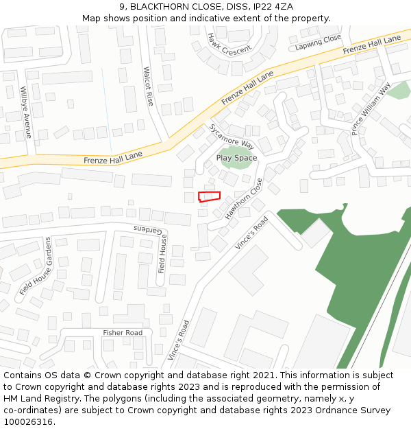 9, BLACKTHORN CLOSE, DISS, IP22 4ZA: Location map and indicative extent of plot
