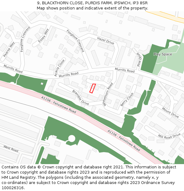 9, BLACKTHORN CLOSE, PURDIS FARM, IPSWICH, IP3 8SR: Location map and indicative extent of plot