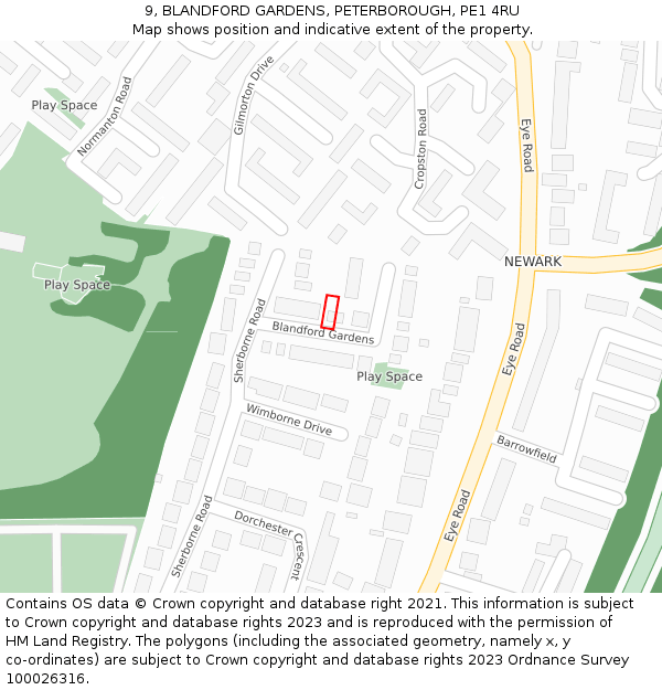 9, BLANDFORD GARDENS, PETERBOROUGH, PE1 4RU: Location map and indicative extent of plot