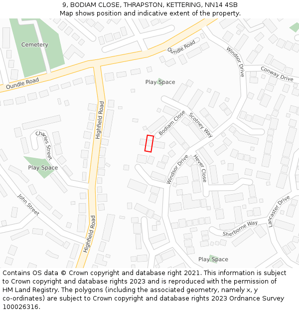 9, BODIAM CLOSE, THRAPSTON, KETTERING, NN14 4SB: Location map and indicative extent of plot