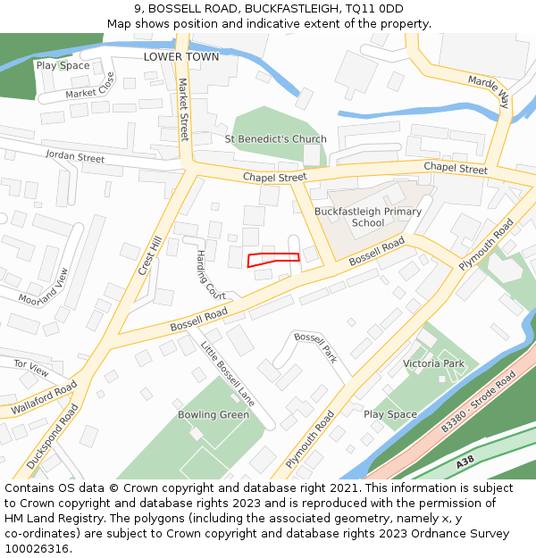 9, BOSSELL ROAD, BUCKFASTLEIGH, TQ11 0DD: Location map and indicative extent of plot
