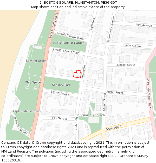 9, BOSTON SQUARE, HUNSTANTON, PE36 6DT: Location map and indicative extent of plot