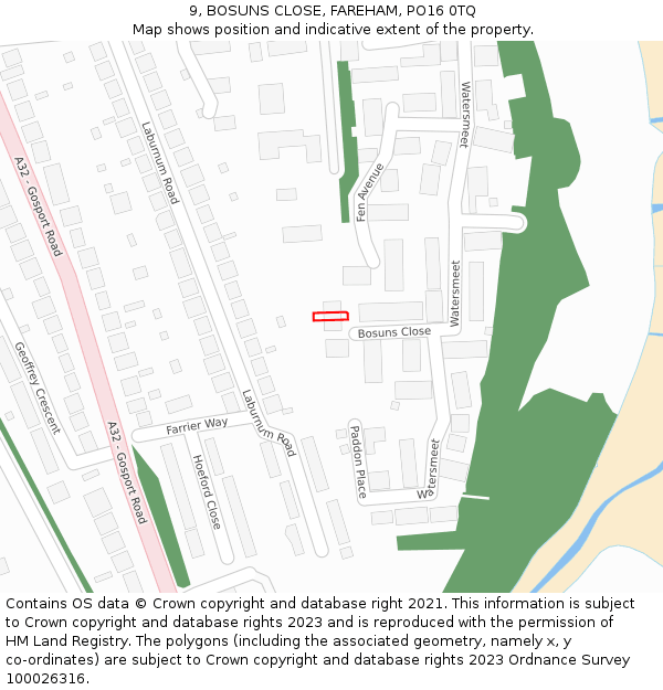 9, BOSUNS CLOSE, FAREHAM, PO16 0TQ: Location map and indicative extent of plot