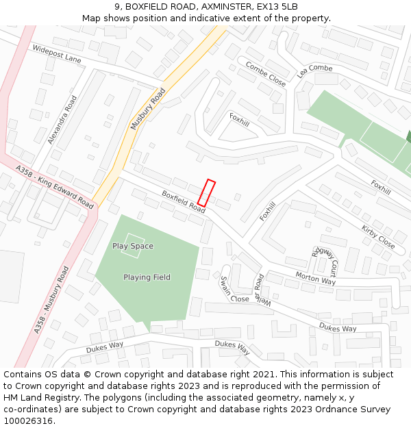 9, BOXFIELD ROAD, AXMINSTER, EX13 5LB: Location map and indicative extent of plot