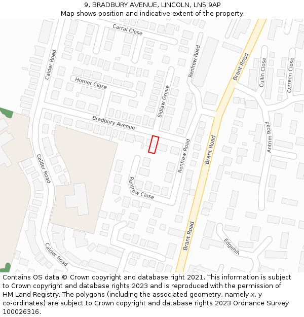 9, BRADBURY AVENUE, LINCOLN, LN5 9AP: Location map and indicative extent of plot