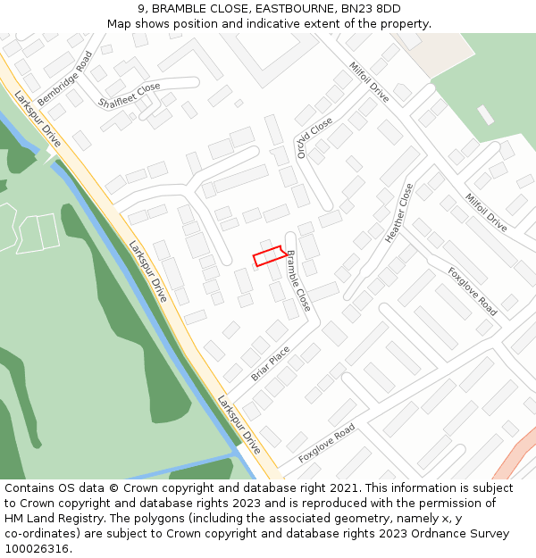 9, BRAMBLE CLOSE, EASTBOURNE, BN23 8DD: Location map and indicative extent of plot