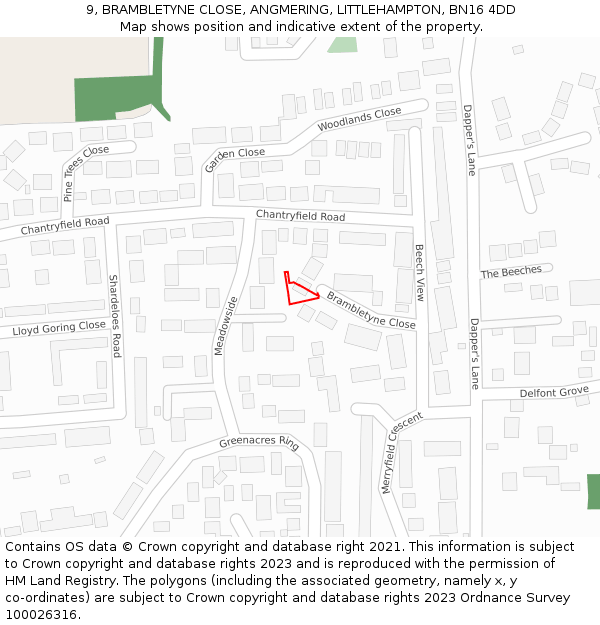 9, BRAMBLETYNE CLOSE, ANGMERING, LITTLEHAMPTON, BN16 4DD: Location map and indicative extent of plot