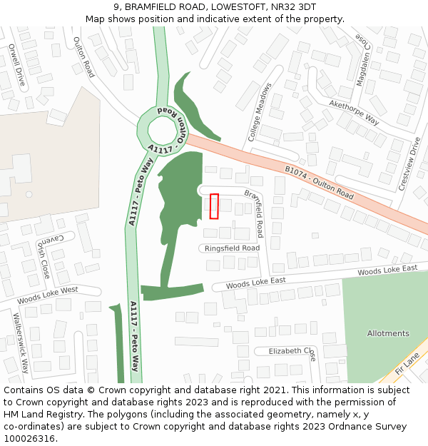 9, BRAMFIELD ROAD, LOWESTOFT, NR32 3DT: Location map and indicative extent of plot