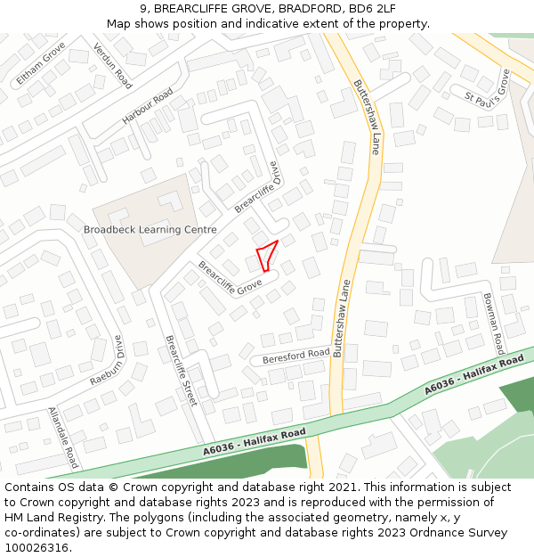 9, BREARCLIFFE GROVE, BRADFORD, BD6 2LF: Location map and indicative extent of plot