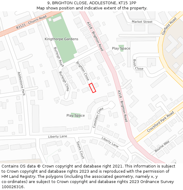 9, BRIGHTON CLOSE, ADDLESTONE, KT15 1PP: Location map and indicative extent of plot