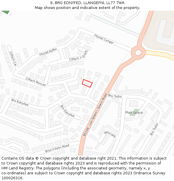 9, BRO EDNYFED, LLANGEFNI, LL77 7WA: Location map and indicative extent of plot