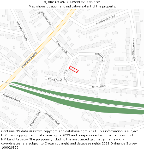 9, BROAD WALK, HOCKLEY, SS5 5DD: Location map and indicative extent of plot