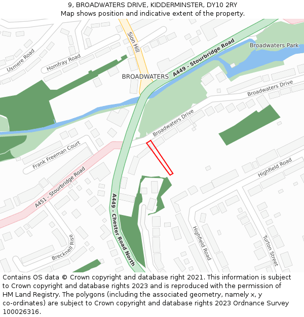 9, BROADWATERS DRIVE, KIDDERMINSTER, DY10 2RY: Location map and indicative extent of plot