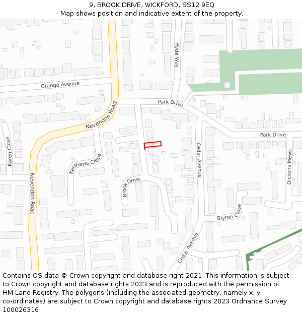 9, BROOK DRIVE, WICKFORD, SS12 9EQ: Location map and indicative extent of plot