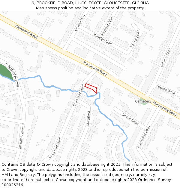 9, BROOKFIELD ROAD, HUCCLECOTE, GLOUCESTER, GL3 3HA: Location map and indicative extent of plot