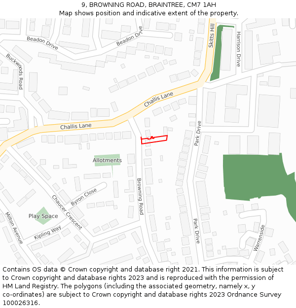 9, BROWNING ROAD, BRAINTREE, CM7 1AH: Location map and indicative extent of plot