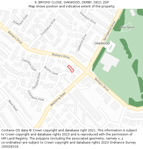 9, BRYONY CLOSE, OAKWOOD, DERBY, DE21 2DP: Location map and indicative extent of plot