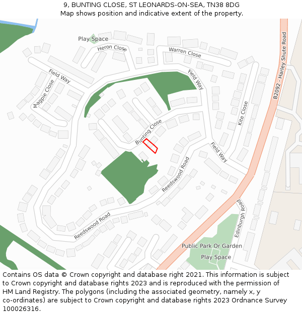 9, BUNTING CLOSE, ST LEONARDS-ON-SEA, TN38 8DG: Location map and indicative extent of plot
