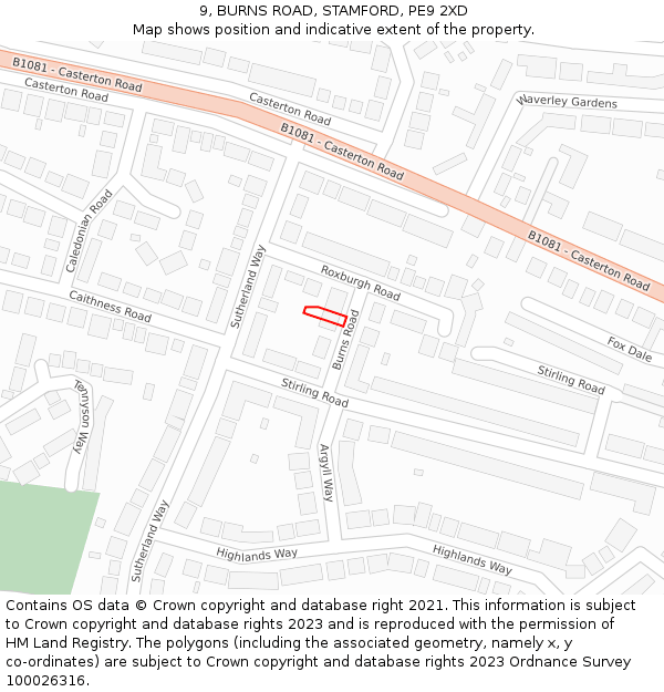 9, BURNS ROAD, STAMFORD, PE9 2XD: Location map and indicative extent of plot