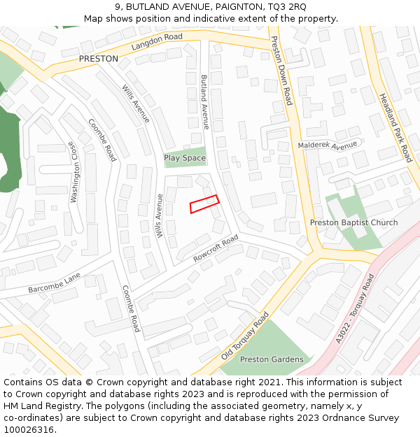 9, BUTLAND AVENUE, PAIGNTON, TQ3 2RQ: Location map and indicative extent of plot