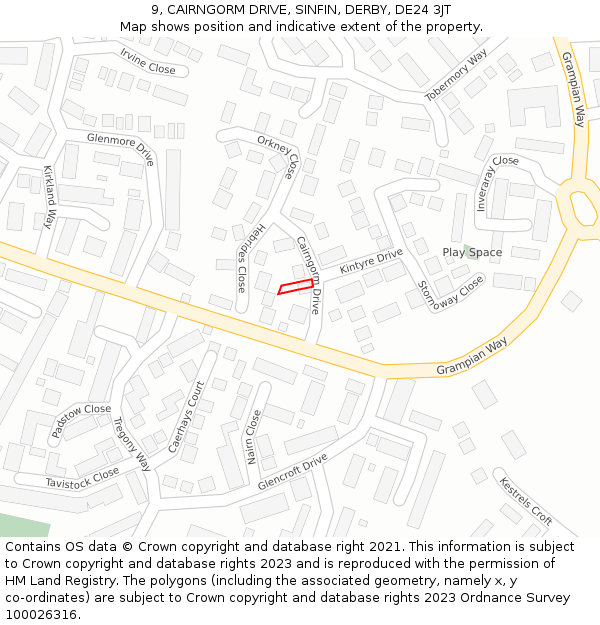 9, CAIRNGORM DRIVE, SINFIN, DERBY, DE24 3JT: Location map and indicative extent of plot