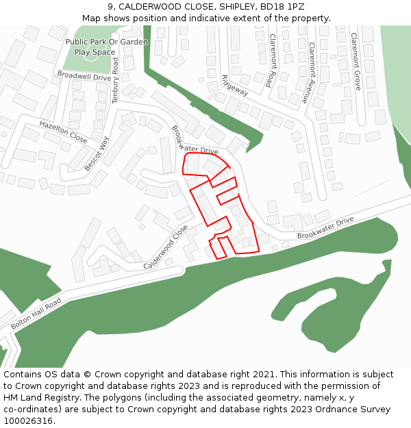 9, CALDERWOOD CLOSE, SHIPLEY, BD18 1PZ: Location map and indicative extent of plot