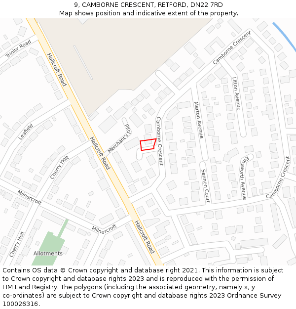 9, CAMBORNE CRESCENT, RETFORD, DN22 7RD: Location map and indicative extent of plot