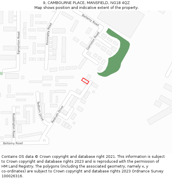 9, CAMBOURNE PLACE, MANSFIELD, NG18 4QZ: Location map and indicative extent of plot