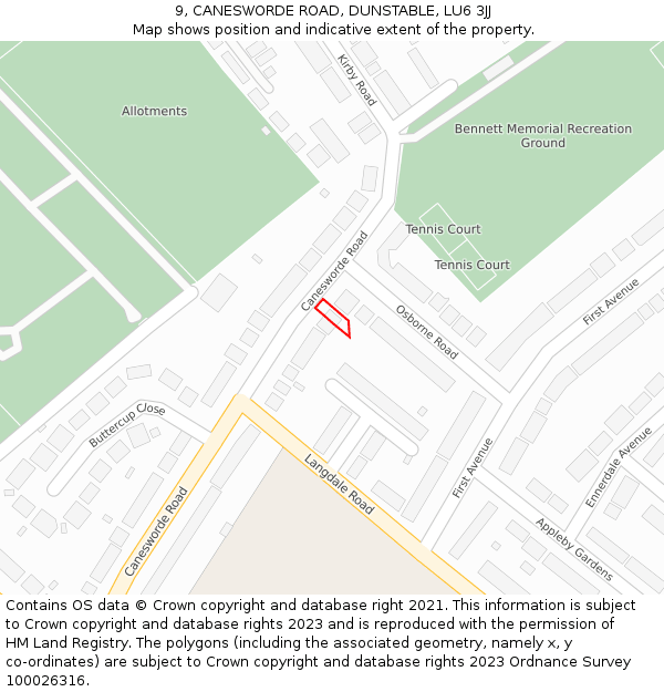 9, CANESWORDE ROAD, DUNSTABLE, LU6 3JJ: Location map and indicative extent of plot