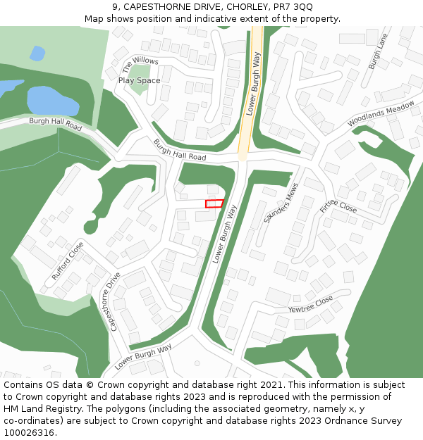 9, CAPESTHORNE DRIVE, CHORLEY, PR7 3QQ: Location map and indicative extent of plot