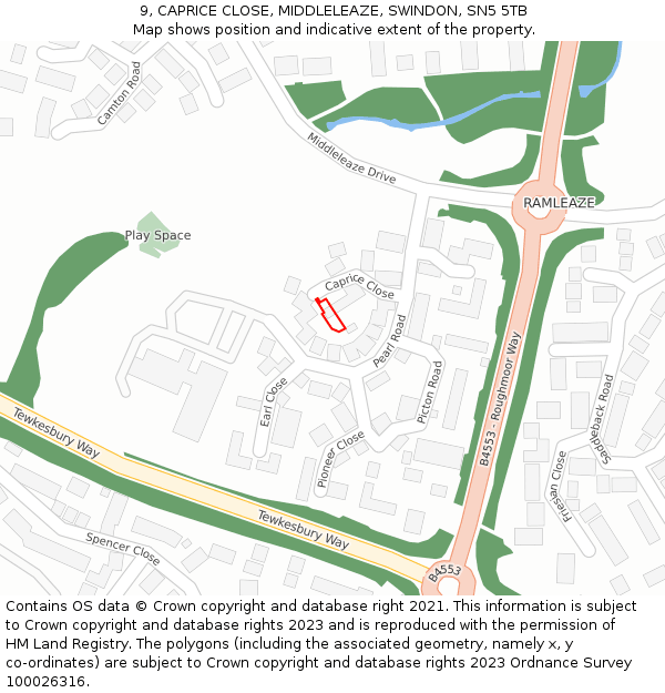 9, CAPRICE CLOSE, MIDDLELEAZE, SWINDON, SN5 5TB: Location map and indicative extent of plot