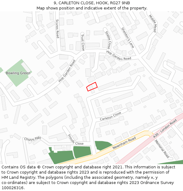 9, CARLETON CLOSE, HOOK, RG27 9NB: Location map and indicative extent of plot