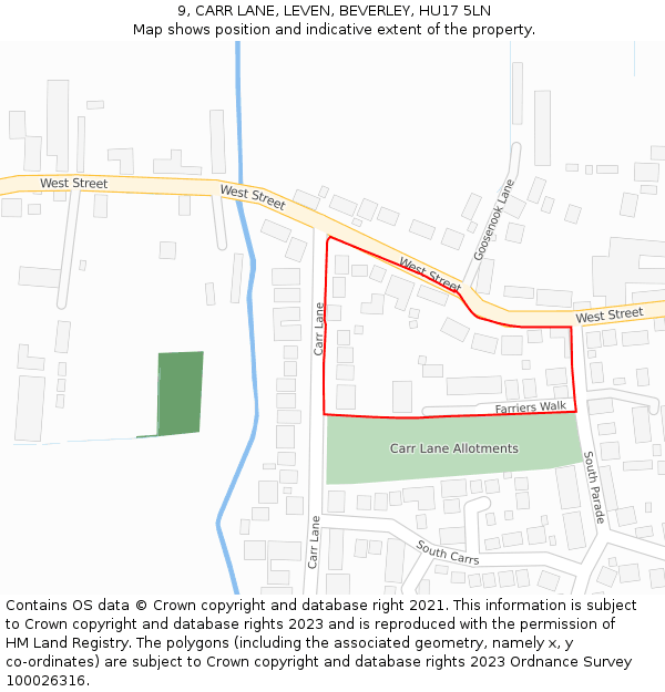9, CARR LANE, LEVEN, BEVERLEY, HU17 5LN: Location map and indicative extent of plot