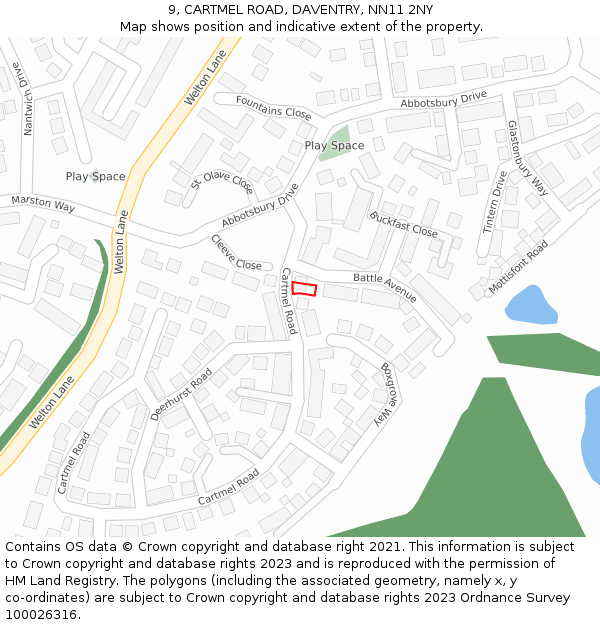 9, CARTMEL ROAD, DAVENTRY, NN11 2NY: Location map and indicative extent of plot