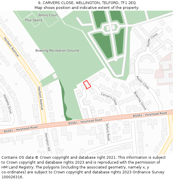 9, CARVERS CLOSE, WELLINGTON, TELFORD, TF1 2EQ: Location map and indicative extent of plot