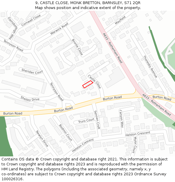 9, CASTLE CLOSE, MONK BRETTON, BARNSLEY, S71 2QR: Location map and indicative extent of plot