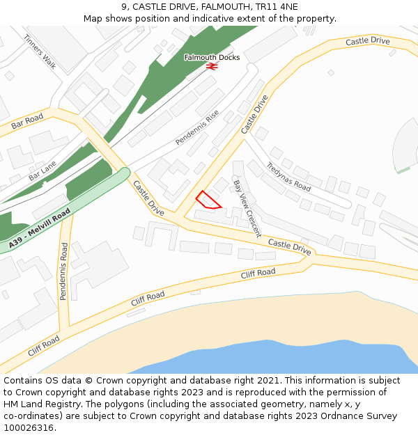 9, CASTLE DRIVE, FALMOUTH, TR11 4NE: Location map and indicative extent of plot