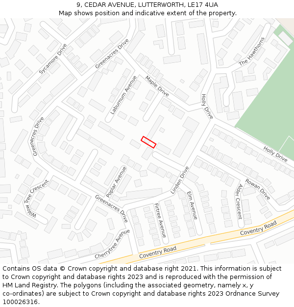 9, CEDAR AVENUE, LUTTERWORTH, LE17 4UA: Location map and indicative extent of plot