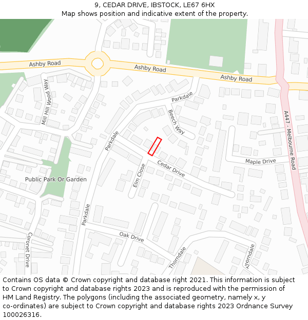 9, CEDAR DRIVE, IBSTOCK, LE67 6HX: Location map and indicative extent of plot